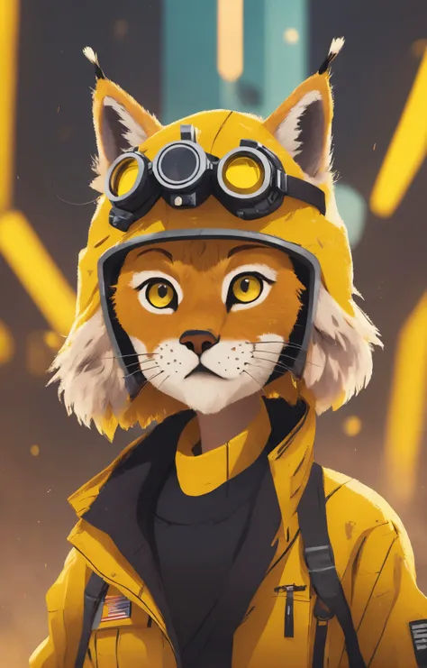 close-up shot of a cute lynx character portrait, (dystopian futuristic theme:1.1), secret agent,            spy gear, yellow spy clothes, goggles, explosions in background, low light, mysterious cinematic atmosphere, <lora:COOLKIDS_XL_0.3_RC:0.7>