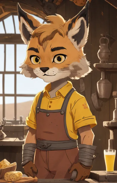 extreme face close-up of a cute lynx kid character portrait, (fallout theme:1.1)  barkeep, simple yellow clothes, apron, cozy rustic pub interior in background,  rust, wall-decorations,  hearth, goblet, plates,   fantasy atmosphere, <lora:COOLKIDS_XL_0.3_R...