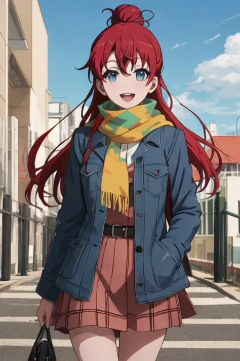 best quality, masterpiece, highres, solo, {sakaki_shizuka_shirobako:1.15}, red_hair, long_hair, single_hair_bun, blue_eyes, hair_bun, 1girl, smile, looking_at_viewer, open_mouth, scarf