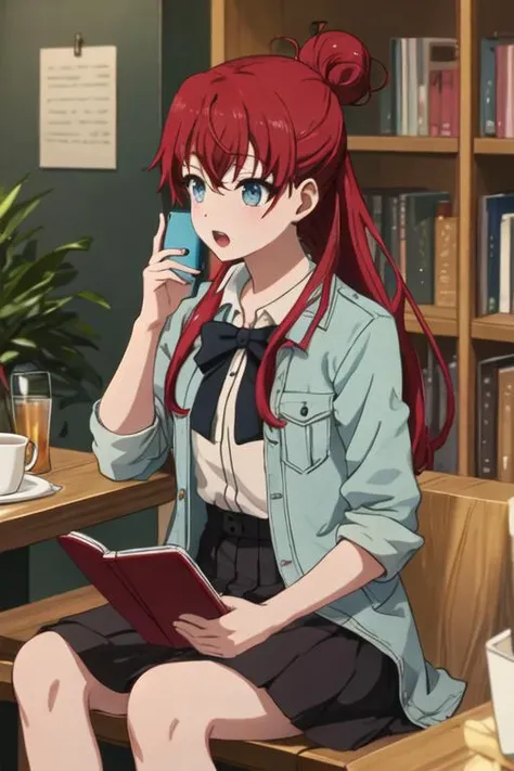 best quality, masterpiece, highres, solo, {sakaki_shizuka_shirobako:1.15}, red_hair, long_hair, single_hair_bun, blue_eyes, hair_bun, 1girl, cellphone, open_mouth, phone, smartphone, talking_on_phone, ponytail, book