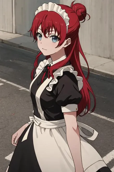 best quality, masterpiece, highres, solo, {maid:1.40}, {long maid dress:1.15}, {sakaki_shizuka_shirobako:1.15}, red_hair, long_hair, single_hair_bun, blue_eyes, hair_bun