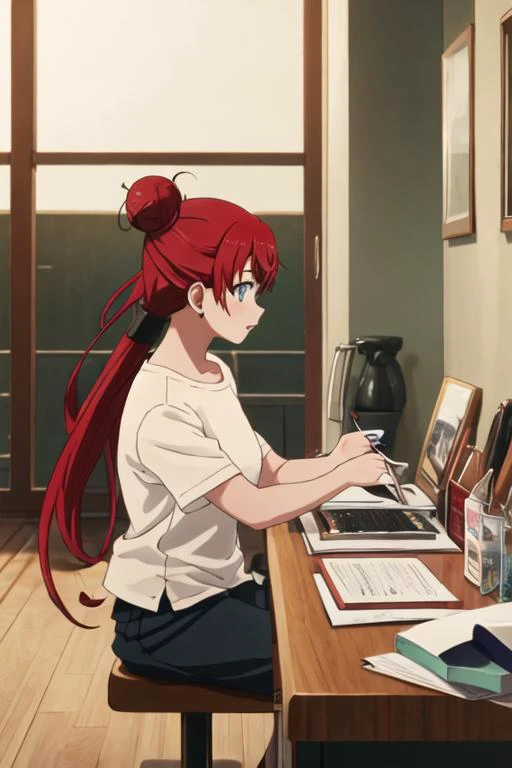 best quality, masterpiece, highres, solo, {sakaki_shizuka_shirobako:1.15}, red_hair, long_hair, single_hair_bun, blue_eyes, hair_bun, 1girl, from_side, ponytail, shirt, white_shirt, profile, indoors