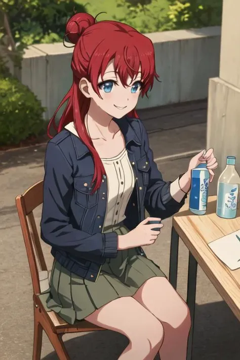 best quality, masterpiece, highres, solo, {sakaki_shizuka_shirobako:1.15}, red_hair, long_hair, single_hair_bun, blue_eyes, hair_bun, 1girl, jacket, solo_focus, skirt, bottle, sitting, smile