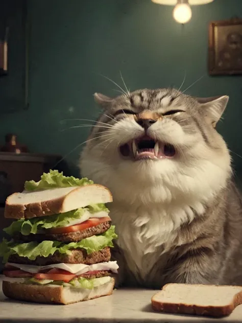 brdanmu, depiction of a fat old [cat|human] (feline:-0.1) with an epic beard and mustache which is holding a sandwich is pissed off by your usage of lettuce on the sandwich, kitchen, vintage , deep shadows, cinematic, <lora:- SDXL - brdanmu _beard-mustache...