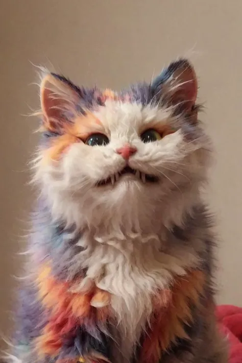 fluffy fuzzy scrunge cat, colorful <lora:sdxl_lora_scrunge:1> <lora:Colorful_Fuzzy_Style:1.0>