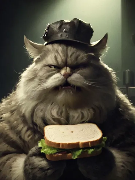 brdanmu, depiction of a fat old [cat|human] (feline:-0.1) with an epic beard and mustache which is holding a sandwich is pissed off by your usage of lettuce on the sandwich, kitchen, deep shadows, cinematic, <lora:- SDXL - brdanmu _beard-mustache _V1:.7>, ...