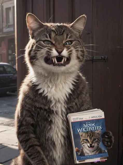 araffe cat holding a book in front of a door