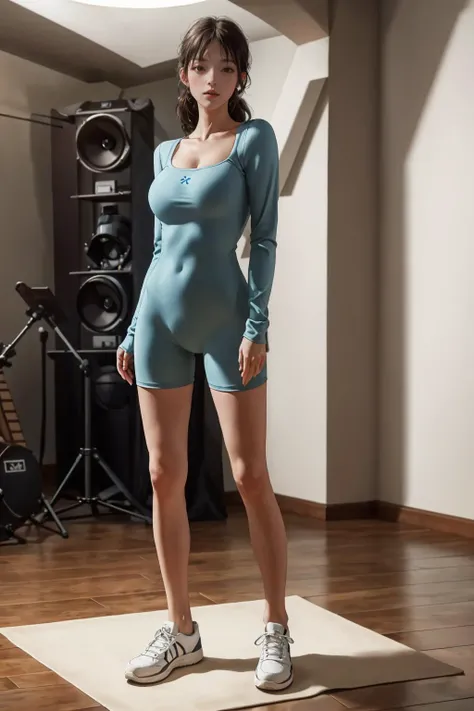 highres,absurdres,masterpiece,best quality,original,extremely detailed CG,extremely detailed wallpaper,perfect lighting,standing on the stage,looking at viewer,1girl,blurry background,bare hands,
<lora:0171 Long Sleeve Pilates Jumpsuit_v1:0.7>, blue yoga c...