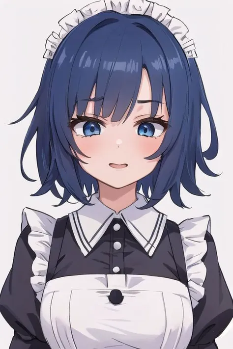 a woman in a maid outfit with blue hair and a white shirt