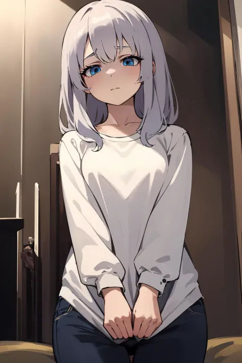 anime girl with blue eyes and white shirt sitting on a bed