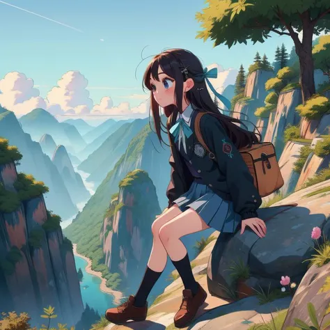 (masterpiece, best quality, detailed:1.5), 1girl, solo, lightblue theme, <lora:Black_White_School_Dress_By_Stable_Yogi:0.8> school uniform, black jacket, long sleeves, collared shirt, white shirt, neck ribbon, grey skirt, black socks, footwear,  <lora:girl...