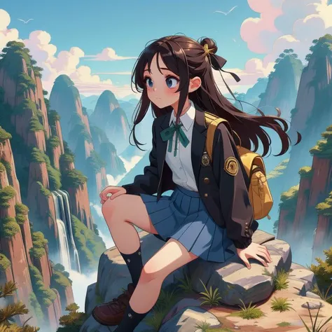 a girl sitting on a rock with a backpack on her lap