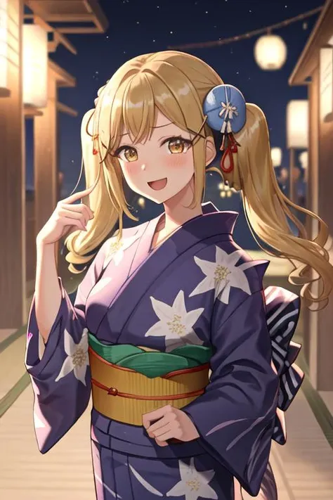 best quality, masterpiece, highres, solo, {yukata:1.40}, {kimono:1.20}, {ichigaya_arisa_bangdream:1.15}, blonde_hair, long_hair, bangs, hair_ornament, blush, twintails, x_hair_ornament, yellow_eyes, sidelocks, open_mouth, brown_eyes, smile, breasts