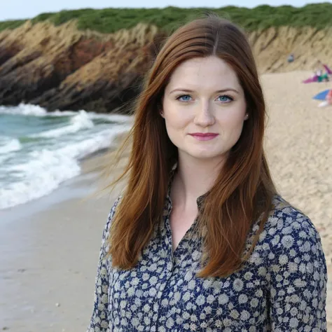 a photo of Bonnie Wright, ohwx woman, happy, at the beach, fully clothed <lora:bonniewright_SDXL:0.8>