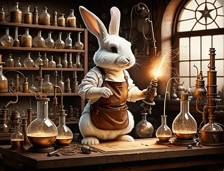 alchemy, ((a cute girl bunny scientist)) , antiqued illustration depicts an alchemists laboratory, filled with scientific equipment steampunk, (Tesla coil), glowing flasks, (steaming) vat experimentation:1.6, faded illustration:1.2, intricate apparatus:1.1...