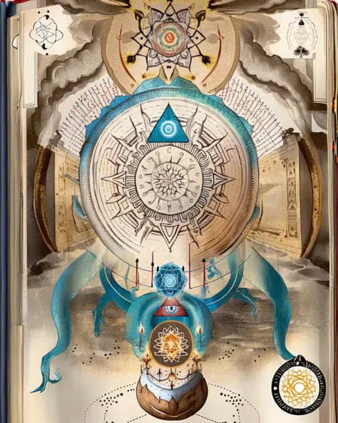 A central emblem on the alchemy magic book page features an intricate mandala, its radiating patterns conveying the interconnectedness of all things and the quest for spiritual enlightenment:1.6, central emblem:1.2, alchemy magic book page:1.2, intricate m...