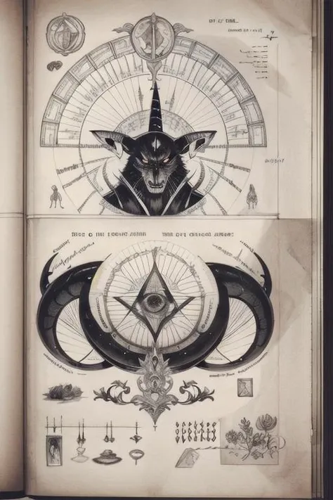 <lora:Alchemy:0.9>  
drawing of a demon,  
monochrome, traditional media, manuscript, text, diagrams