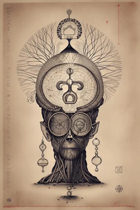 a drawing of a man with a brain and a tree