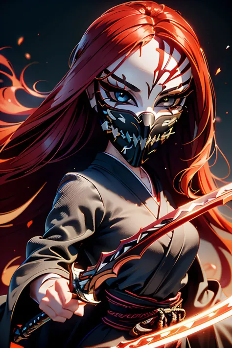 anime girl with red hair and a mask holding a sword