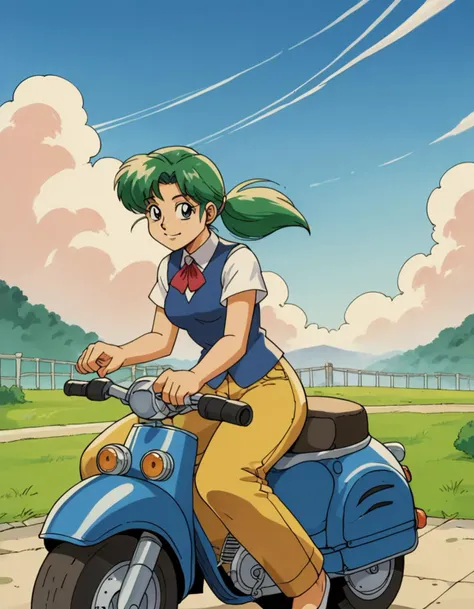 a woman riding a motorcycle on a road next to a lush green field