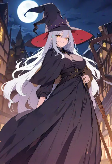 ((masterpiece, best quality)), 1girl, standing, white hair, long hair, disheveled hair, black witch robe, long skirt, witch hat, looking at viewer, (large breasts:0.7), shiny skin, yellow eyes, vivid color, fearless smile, medieval city background, night, ...