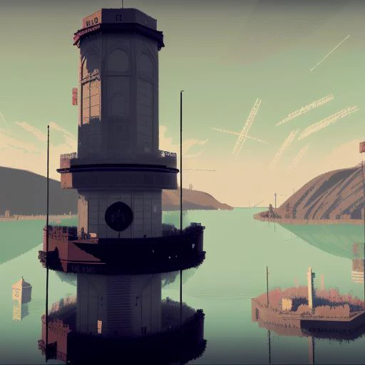 rainWorld, (pixel art:1.3), (scenery:1.3), (game screenshot:1.2), a tower with a clock on it sitting in the middle of a lake with a mountain in the background, (a large rusted clock beneath the lake) <lora:rainWorldSceneryLora_rainWorldV1:1>