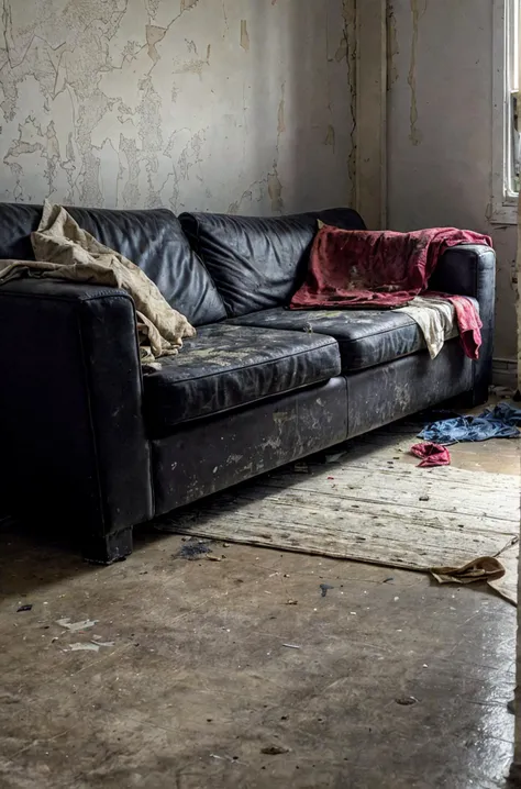 clothes (left lying:1.35) resting displaying on the floor, (no humans:1.15), a cumrag black couch, on a (crackhouse, background:...