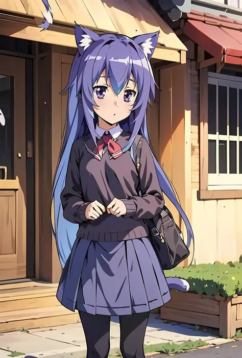 anime girl with blue hair and a cat ears standing in front of a building