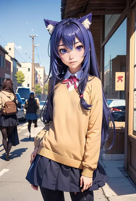 araffe girl with long purple hair and a cat ears in a school uniform