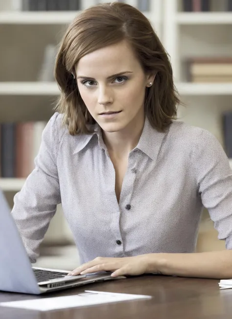 photo of sks woman holding laptop with files