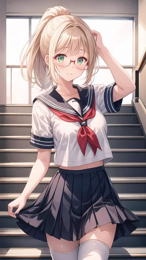 masterpiece:1.2,best quality:1.2,highly detailed:1.2,blonde hair,long hair,green eyes,medium breasts,(hiten1:0.8),<lora:å¢å ç´°ç¯:0.8>,((stairs:1.1)),school stairs,<lora:school_stairs_v0.5:1>,standing,serafuku,pleated skirt,short sleeves,white shirt,pon...