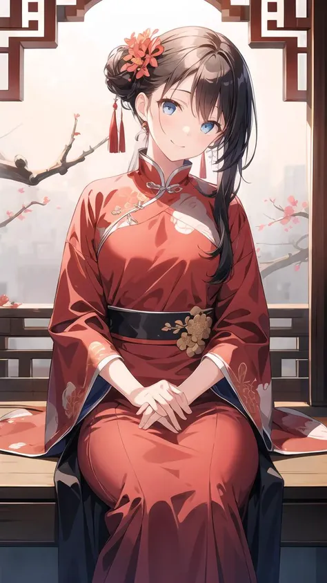 masterpiece,best quality,(hiten1:0.7),highly detailed,black hair,long hair,blue eyes,medium breasts,long hair,1girl,Chinese weddingdress,<lora:Chinese weddingdress-000018:0.4>,plum blossoms,sitting,light smile,red dress,chinese clothes,<lora:å¢å ç´°ç¯:0...