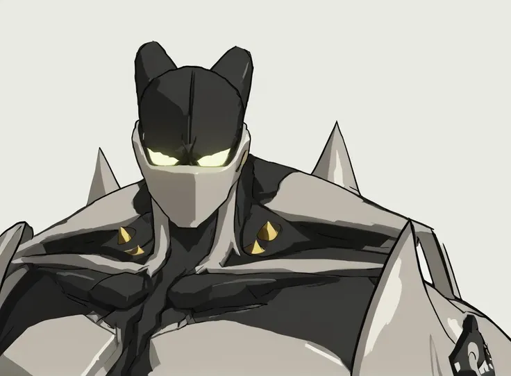 a close up of a robot with yellow eyes and a black suit