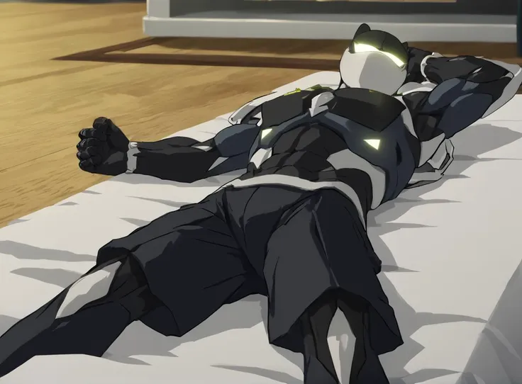 anime character laying on a bed with a remote control