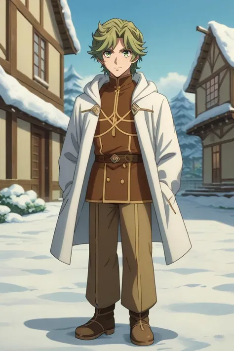 a man in a coat standing in front of a snowy village