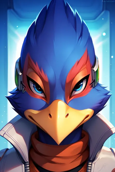 a close up of a bird with a blue and orange beak