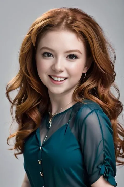 professional portrait of francesca capaldi wearing a blue blouse, wavy red hair, brown eyes, smiling, happy, excited, gray background, <lora:FrancescaXL:1>