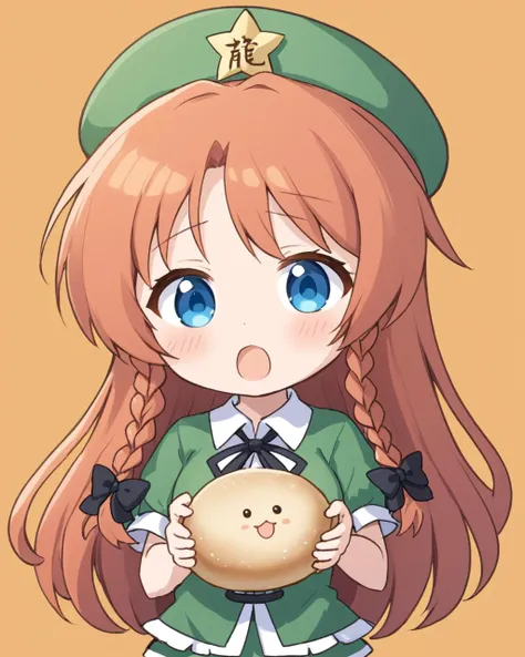 hong meiling,1girl, star_hat_ornament, solo, star_(symbol), green_headwear, twin_braids, beret, open_mouth, eating, baozi, chibi, blush, simple_background, orange_background, looking_at_viewer, :3, holding, black_bow, upper_body, shirt, hair_bow, ribbon, c...