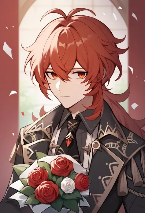 a anime character with red hair and a black jacket holding a bouquet of flowers