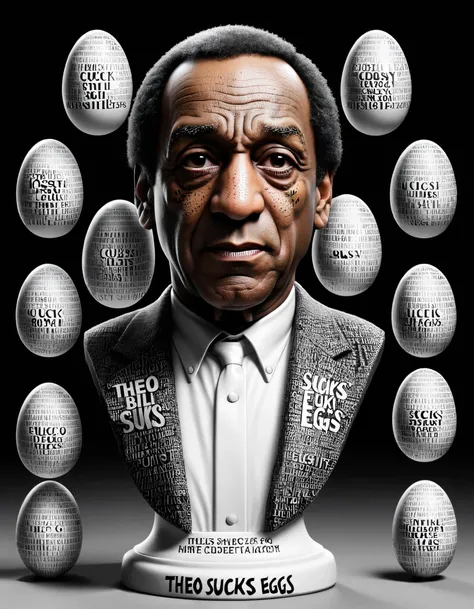 a bust of Bill Cosby , text logo ("THEO SUCKS EGGS"), <lora:dvr-txt:1> dvr-txt,