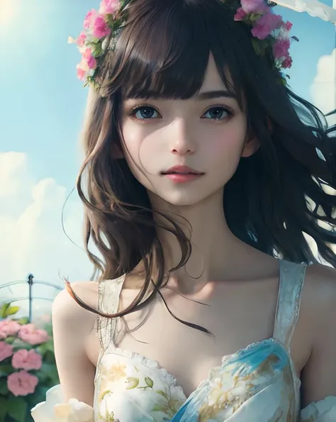 (masterpiece), (best quality:1.4), HDR, 8K, dramatic lighting, a flat chest cute girl, Asuka, (cute:1.8), cuties, solo, (smile eyes:0.6),(flat chest:1.2), detailed black eyes, innocent eyes, young, garden, upper body, long hair, hair blowing in the wind, (...