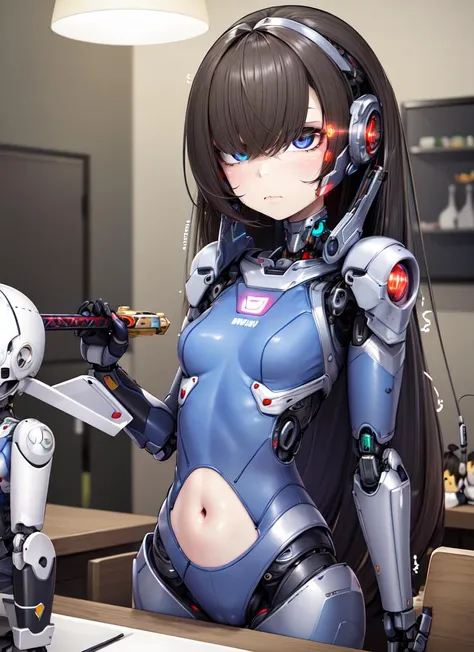 ((best quality)), ((highly detailed)), absurdres, (detailed eyes, deep eyes), (1girl), upper body, <lora:hairdetailer:.6>, ((cyborg)), cybernetics, robot limbs, (nickle_(substance)), navel, lights, LEDs, doll-like joints, small breasts, armor, holding a sw...