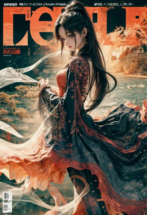 a woman in a long dress is standing on a magazine cover