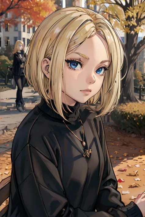 <lora:hairstyles-aline:0.5>, a_line_haircut, beautiful wearing black sweater, blonde hair, city park in autumn || masterpiece, perfect quality, sharp focus, shallow depth of field, 8k