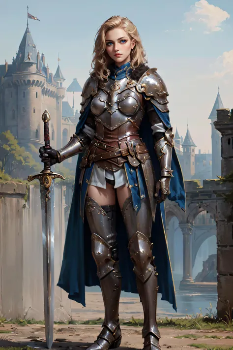 (masterpiece, best quality, ultra detailed, absurdres:1.5), 1girl, (sexy, beautiful woman, perfect face, perfect eyes, perfect female body:1.5), ((holding sword:1.2), armor, greaves, armored boots, pauldrons, breastplate, gauntlets, knight, belt, cape, fur...