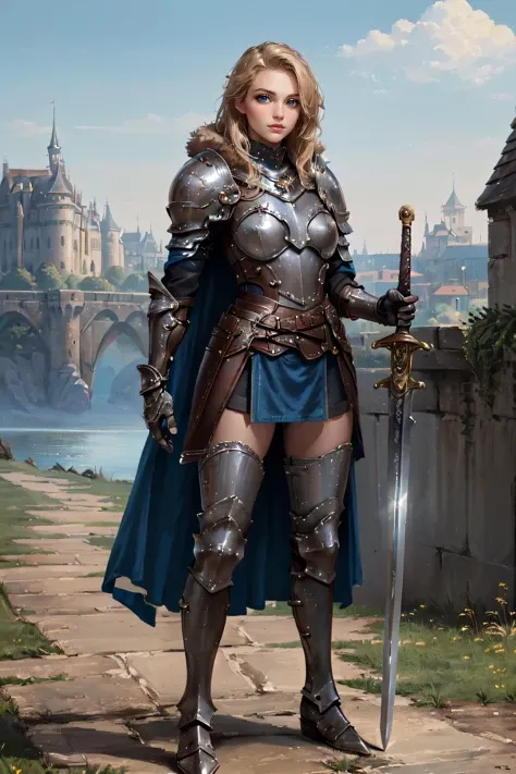 (masterpiece, best quality, ultra detailed, absurdres:1.5), 1girl, (sexy, beautiful woman, perfect face, perfect eyes, perfect female body:1.5), ((holding sword:1.2), armor, greaves, armored boots, pauldrons, breastplate, gauntlets, knight, belt, cape, fur...