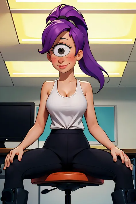 leela,long purple hair, ponytail, black eyes, cyclops, lipstick,medium breasts, white tank top, black pants, cleavage, boots, looking at viewer, seductive smile, blush, sitting, on chair, spreading legs, from_below, inside office, soft lighting, high quali...