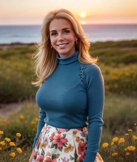 a woman standing in a field of flowers with a sunset in the background