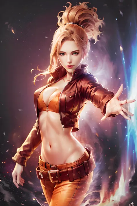 1 girl, dynamic pose, cowboy shot,smile ,(human on fire), red fire, blue fire((midriff)), cleavage, , <lora:on_fire:0.7>,, masterpiece, high quality, best quality, beautiful, perfect lighting, detailed face, detailed body,, (((photorealistic, hyper-realist...