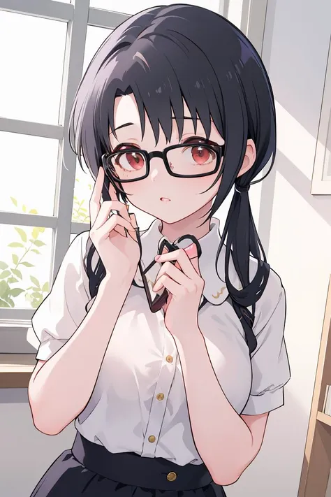 anime girl with glasses and a tie holding a cell phone